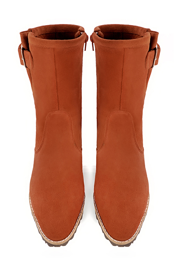 Terracotta orange women's ankle boots with buckles on the sides. Round toe. Medium block heels. Top view - Florence KOOIJMAN